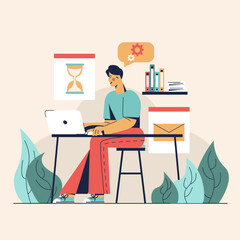 Smart man sitting at the table with laptop and looking on screen. Waiting for technical work on website. Concept of work in messengers and technical support. Vector illustration in flat design
