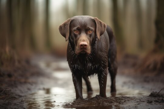Full-length portrait photography of a curious labrador retriever playing in a mud puddle against lakes and rivers background. With generative AI technology