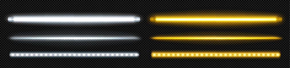 Neon tube lamp in yellow and white for party border design. Vector fluorescent led light bar isolated on transparent background. Night realistic electric stripe casino illumination graphic pack - obrazy, fototapety, plakaty