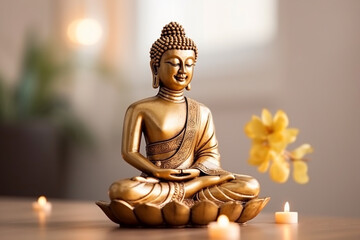 Buddha statue in meditation with lotus flower on light neutral background. Selective focus. Meditation, spiritual health, peace, searching zen concept. AI generated image