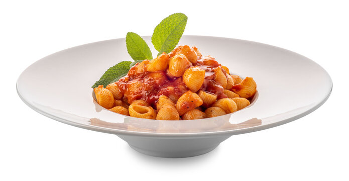 Macaroni pasta with red Bolognese tomato sauce with sage leaves in white dish, Italian pasta called pipette (little pipe)