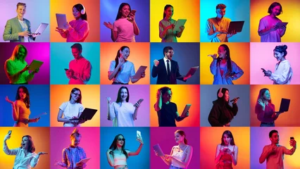 Fototapeten Collage made of portraits of diverse young people with gadgets, communicating, studying over multicolor background in neon light. Concept of human emotions, youth, lifestyle, facial expression. Ad © master1305