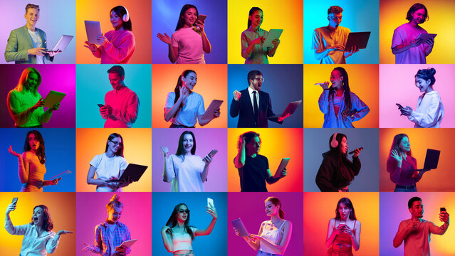 Collage made of portraits of diverse young people with gadgets, communicating, studying over multicolor background in neon light. Concept of human emotions, youth, lifestyle, facial expression. Ad