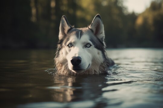Environmental portrait photography of a curious siberian husky swimming in a lake against lakes and rivers background. With generative AI technology