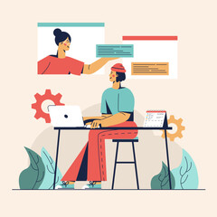 Smart male sitting at the table, working on laptop and looking up. Woman showing presentation, shoving ideas for work. Concept of successful work. Colored vector illustration in flat design