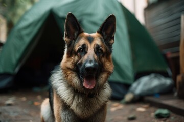 Medium shot portrait photography of a happy german shepherd camping against urban streets and alleys background. With generative AI technology