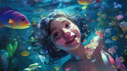 a girl swimming underwater, smile, colorful colors, surrounded by colorful sea creatures and plants, in a realistic hyper detailed render style, mermaid in the water, Generative AI