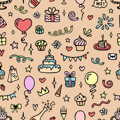 Happy Birthday seamless pattern with hand drawn doodles. Cute design for textile, wallpaper, wrapping paper.