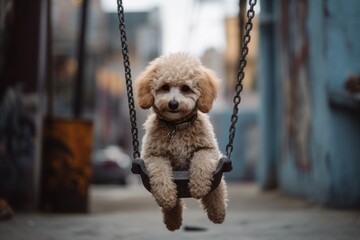 Environmental portrait photography of a curious poodle swinging against urban streets and alleys background. With generative AI technology
