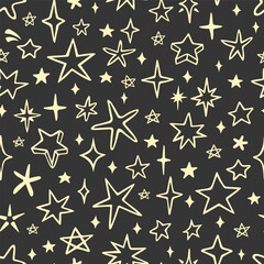 Vector seamless pattern with cute stars and sparkles. Hand drawn, doodle style. Design for fabric, wrapping, stationery, wallpaper, textile.