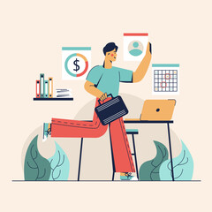 Creative character of successful man holding briefcase and running to meeting. Motivated Business worker rushes to office. Business and finance concept. Vector illustration in flat design