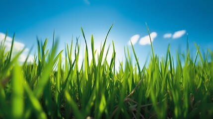Fototapeta premium Spring summer scenery with fresh green tall grass in wind.Generative AI