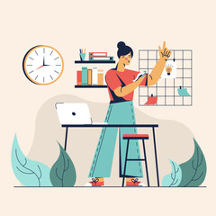 Young lady standing near table with laptop and stand, sticking note on board for new ideas. Concept of idea generation and brainstorming at work. Vector illustration in flat design