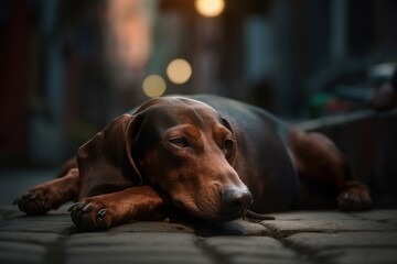 Environmental portrait photography of an aggressive dachshund sleeping against urban streets and alleys background. With generative AI technology