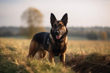 Naklejka premium Group portrait photography of a bored german shepherd playing with a laser pointer against open fields and meadows background. With generative AI technology