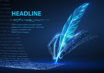 Feather in digital hand. Automatic text generator, AI writing, artificial intelligence copywriter