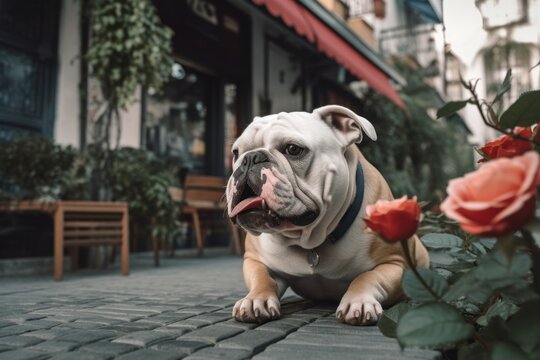 Full-length portrait photography of a happy bulldog having a flower in its mouth against dog-friendly cafes and restaurants background. With generative AI technology