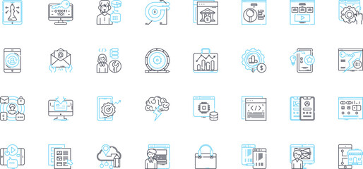 Online media linear icons set. Streaming, Podcasting, News, Blogging, Socializing, Influencing, Gaming line vector and concept signs. Marketing,Advertising,Vlogging outline illustrations