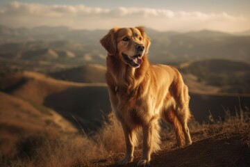Obraz premium Full-length portrait photography of a happy golden retriever being on a mountain peak against farms and ranches background. With generative AI technology
