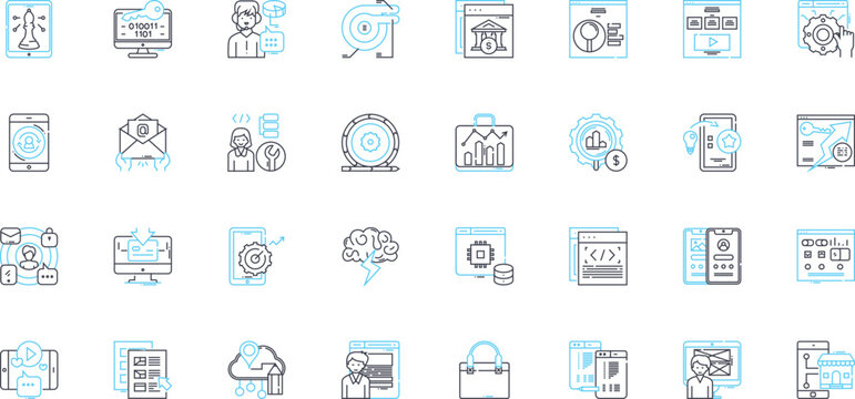 Online media linear icons set. Streaming, Podcasting, News, Blogging, Socializing, Influencing, Gaming line vector and concept signs. Marketing,Advertising,Vlogging outline illustrations