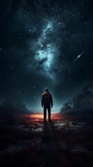 Fototapeta premium A man stands in front of a starry sky with a shining galaxy in the sky. Generative AI