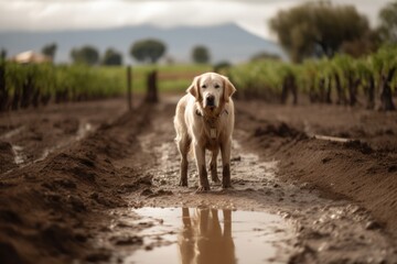 Full-length portrait photography of a scared golden retriever playing in a mud puddle against vineyards and wineries background. With generative AI technology