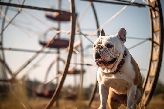 Lifestyle portrait photography of a happy bulldog riding a ferris wheel against farms and ranches background. With generative AI technology