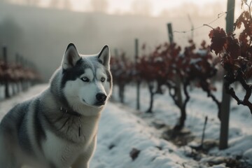 Conceptual portrait photography of a tired siberian husky playing in the snow against vineyards and wineries background. With generative AI technology