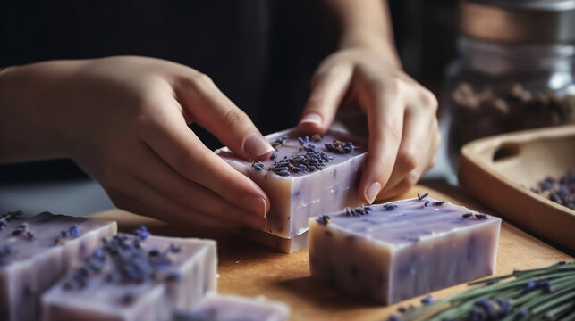 Making kraft lavender soap in a home workshop. Women's hands and lavender soap. Generative AI.