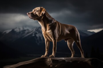 Studio portrait photography of an aggressive labrador retriever standing on hind legs against scenic viewpoints and overlooks background. With generative AI technology