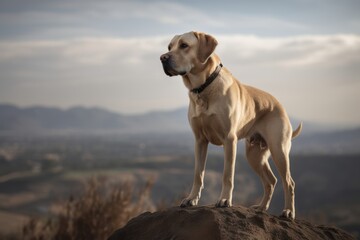 Obraz na płótnie Canvas Studio portrait photography of an aggressive labrador retriever standing on hind legs against scenic viewpoints and overlooks background. With generative AI technology