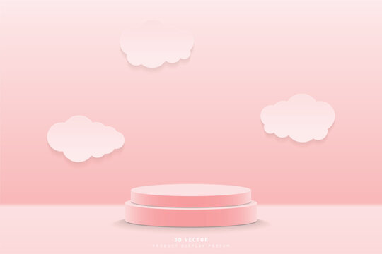 Abstract pink 3d studio room with realistic 3d cylinder podium pedestal stage or product display stand rendered with cloud paper cut on wall. 3d Vector rendering. Cloud scene for mockup, template. © BBoVector