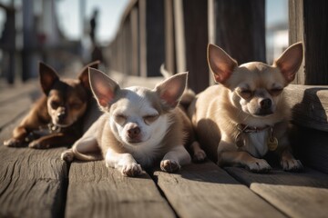 Group portrait photography of a curious chihuahua sleeping against boardwalks and piers background. With generative AI technology