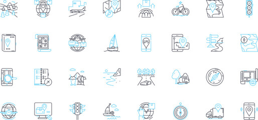 Satellite navigation linear icons set. GPS, Satellites, Navigation, Coordinates, Tracking, Mapping, Global line vector and concept signs. Precision,Accuracy,Positioning outline illustrations - obrazy, fototapety, plakaty