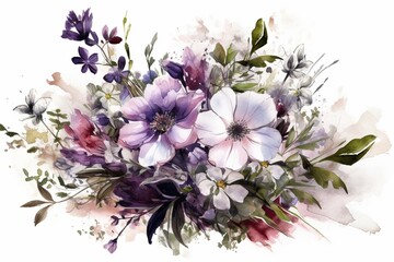 Transparent background with isolated spring flowers in watercolor illustration of white and violet floral arrangement. Generative AI