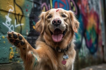 Medium shot portrait photography of a happy golden retriever giving the paw against graffiti walls and murals background. With generative AI technology