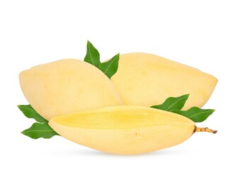 Ripe Mango with green leaf isolated on white background. Clipping path.