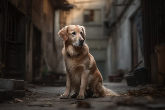 Environmental portrait photography of an aggressive golden retriever sitting against abandoned buildings and ruins background. With generative AI technology