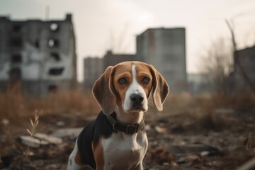 Group portrait photography of a curious beagle being in front of a city skyline against abandoned buildings and ruins background. With generative AI technology