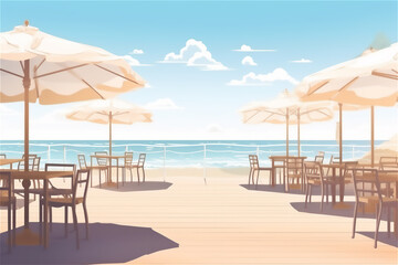 Fototapeta premium beach bar with tables and umbrellas on the sand, perfectly capturing the essence of summer vacation