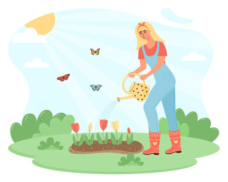Female gardener watering tulips from a watering can. Girl takes care of garden flowers. Vector illustration in flat cartoon style.