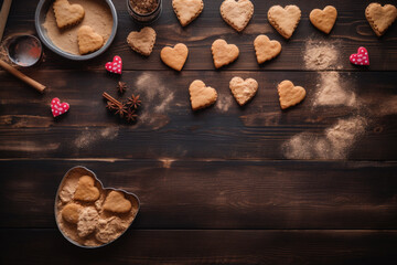 handmade heart shaped cookies on wooden table kitchen. Top view. Copy space. Ai generative