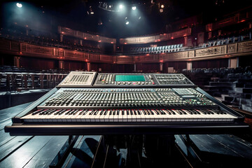 Fototapeta na wymiar Huge electronic keyboard and synthesizer set on stage. Generative AI