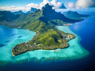Bora bora Tahiti travel honeymoon destination luxury resort holiday aerial landscape in French Polynesia. Blue Generative AI - obrazy, fototapety, plakaty