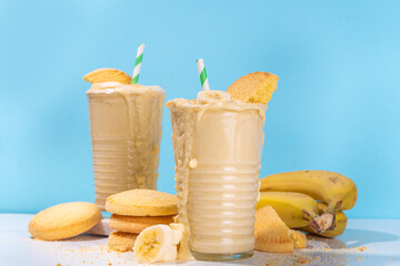 Banana biscuit smoothie. Sweet milk shake with fresh bananas and vanilla shortbread cookies
