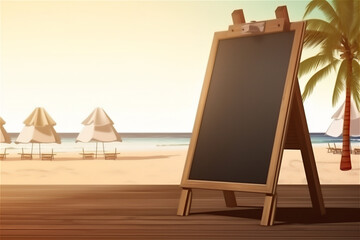 empty chalkboard at a beach cafe, relaxed and carefree atmosphere of a seaside vacation