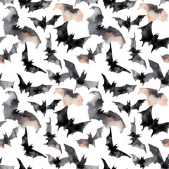 Fototapeta na wymiar Seamless pattern with many black bats on white background in watercolor style. Generative AI.