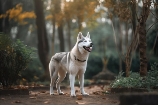 Environmental portrait photography of a happy siberian husky standing on hind legs against zoos and wildlife sanctuaries background. With generative AI technology