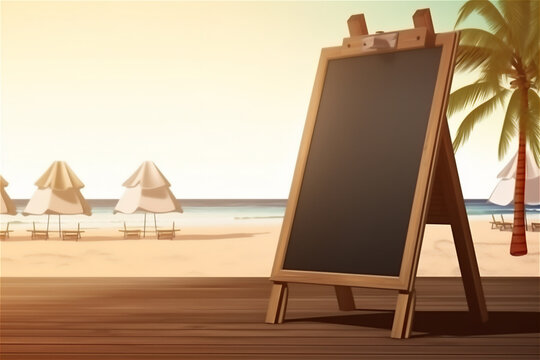 empty chalkboard at a beach cafe, relaxed and carefree atmosphere of a seaside vacation