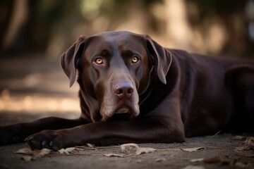Full-length portrait photography of a happy labrador retriever lying down against dog parks background. With generative AI technology